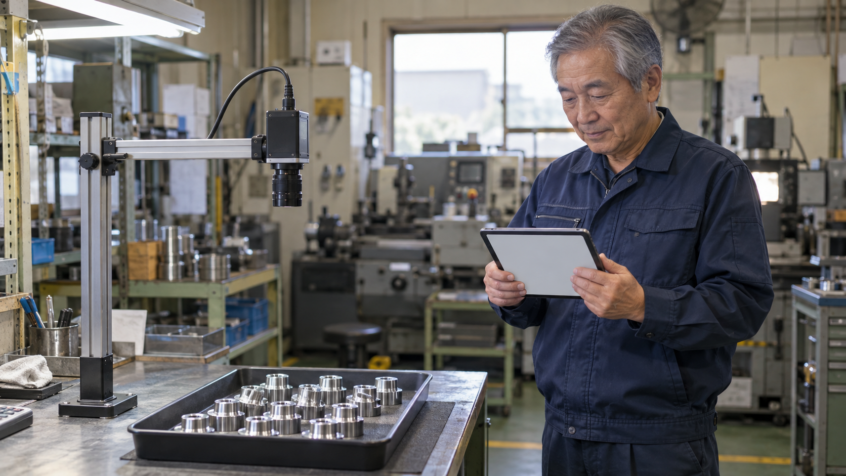小さなカメラとタブレットで金属部品の検品を確認する現場担当者。AI生成の導入イメージ