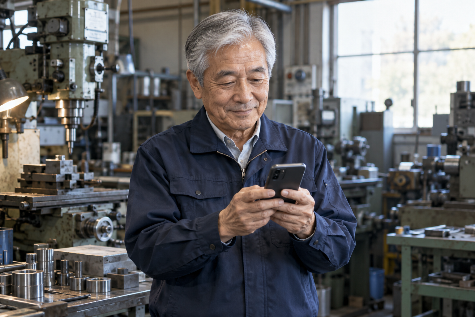 町工場で、両手に持ったスマートフォンで作業を記録する高齢の男性