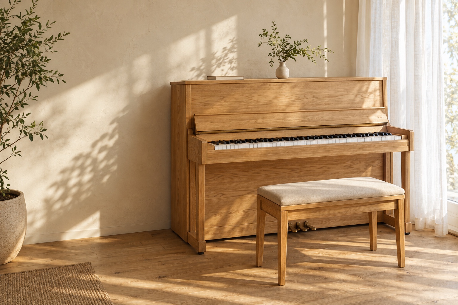 木のピアノが置かれた教室のイメージ。AI生成写真。