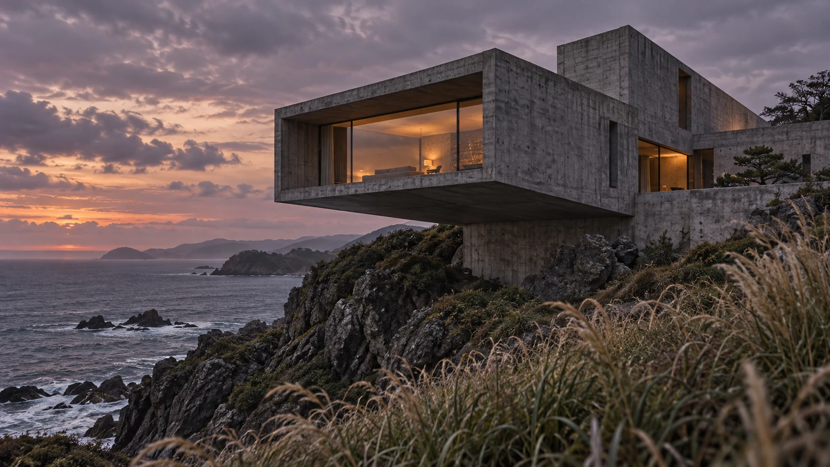 海にせり出すコンクリートの建築。夕暮れの窓に灯りがともる